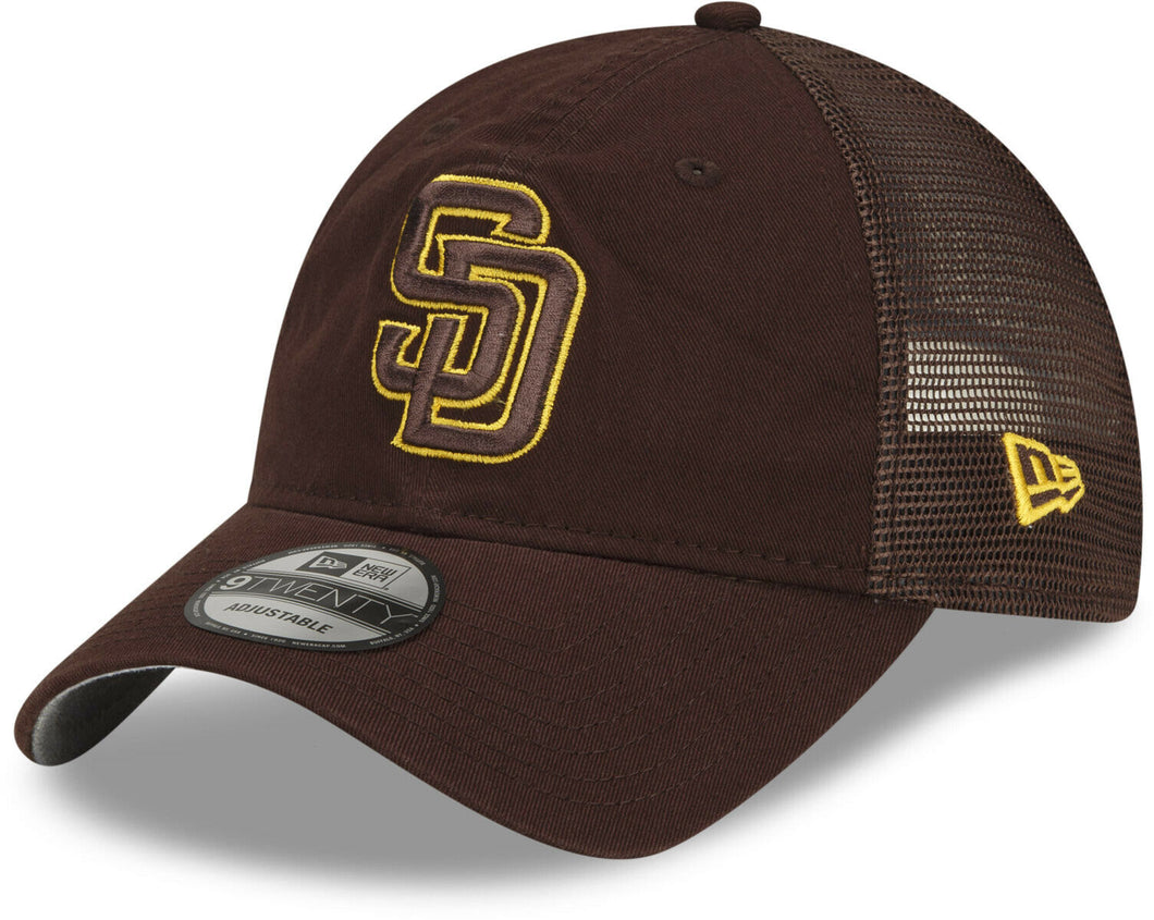 San Diego Padres New Era MLB 9TWENTY 920 2022 Clubhouse Mesh Trucker Adjustable Cap Hat Brown Crown/Visor Brown/Yellow Logo 