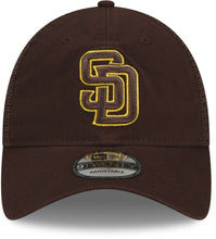 Load image into Gallery viewer, San Diego Padres New Era MLB 9TWENTY 920 2022 Clubhouse Mesh Trucker Adjustable Cap Hat Brown Crown/Visor Brown/Yellow Logo 
