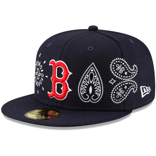 Boston Red Sox New Era MLB 59FIFTY 5950 Fitted Cap Hat Navy Crown/Visor Red/White Logo Green UV (Paisley)