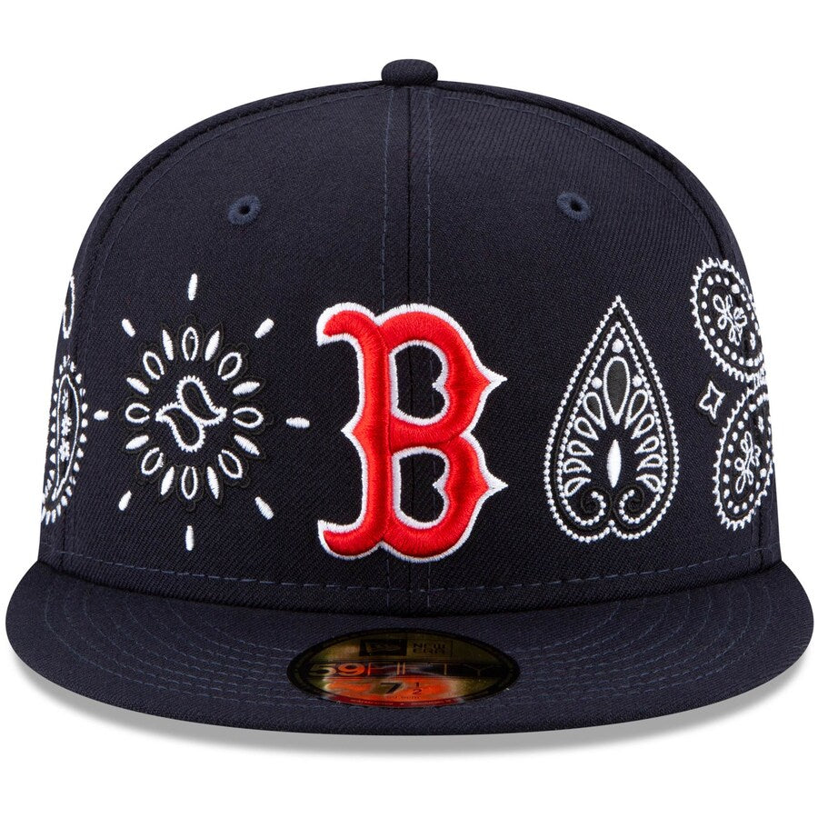 Boston Red Sox New Era MLB 59FIFTY 5950 Fitted Cap Hat Navy Crown/Visor  Red/White Logo Green UV (Paisley)