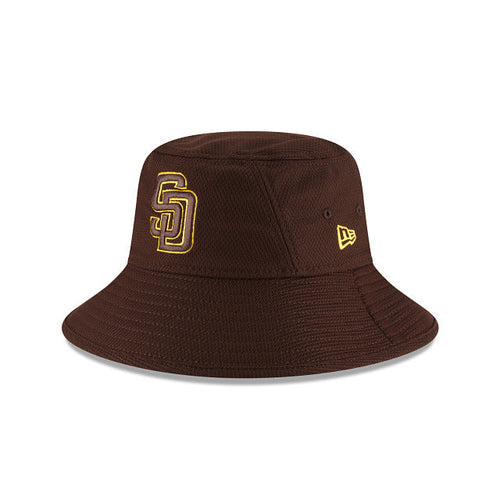 San Diego Padres New Era MLB Bucket Cap Hat Dark Brown Crown/Visor Yellow Logo (2022 Batting Practice)