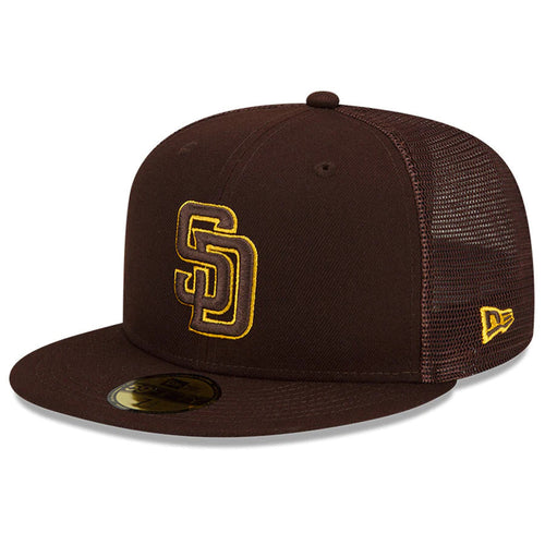 San Diego Padres New Era MLB 59FIFTY 5950 Fitted Mesh Trucker Cap Hat Brown Crown/Visor Brown/Yellow Logo (2022 Batting Practice)