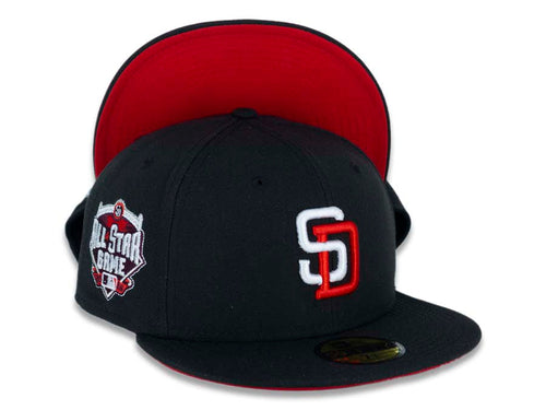 San Diego Padres New Era MLB 59FIFTY 5950 Fitted Cap Hat Black Crown/Visor White/Red Logo 2016 All-Star Game Side Patch Red UV