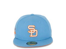 Load image into Gallery viewer, San Diego Padres New Era MLB 59FIFTY 5950 Fitted Cap Hat Sky Blue Crown/Visor White/Orange Logo 1984 World Series Side Patch Orange UV

