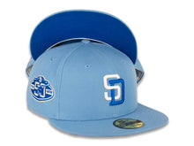Load image into Gallery viewer, San Diego Padres New Era MLB 59FIFTY 5950 Fitted Cap Hat Sky Blue Crown/Visor White/Blue Azzure Logo 50th Anniversary Side Patch Blue Azzure UV
