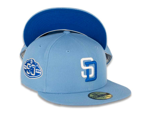 San Diego Padres New Era MLB 59FIFTY 5950 Fitted Cap Hat Sky Blue Crown/Visor White/Blue Azzure Logo 50th Anniversary Side Patch Blue Azzure UV