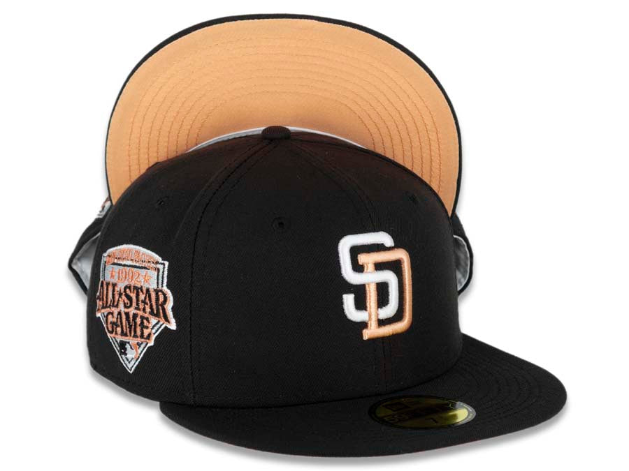 San Diego Padres New Era MLB 59FIFTY 5950 Fitted Cap Hat Black Crown/Visor White/Peach Logo 1992 All-Star Game Side Patch Peach UV