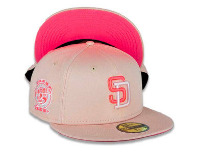 San Diego Padres New Era MLB 59FIFTY 5950 Fitted Cap Hat Blush Sky Crown/Visor Pink Glow/Pink Logo 25th Anniversary Side Patch Pink Glow UV