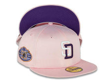 Load image into Gallery viewer, San Diego Padres New Era MLB 59FIFTY 5950 Fitted Cap Hat Pink Crown/Visor White/Dark Purple Logo 50th Anniversary Side Patch Dark Purple UV
