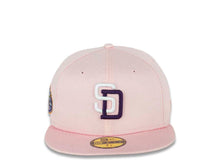 Load image into Gallery viewer, San Diego Padres New Era MLB 59FIFTY 5950 Fitted Cap Hat Pink Crown/Visor White/Dark Purple Logo 50th Anniversary Side Patch Dark Purple UV
