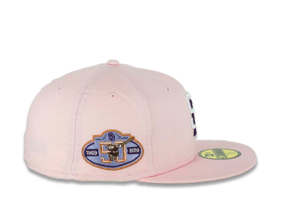 San Diego Padres New Era MLB 59FIFTY 5950 Fitted Cap Hat Beet Root Purple Crown/Visor Teal/Lake Purple Logo 50th Anniversary Side Patch Pink UV 7 3/8