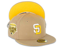 Load image into Gallery viewer, San Diego Padres New Era MLB 59FIFTY 5950 Fitted Cap Hat Khaki Crown/Visor White/Yellow Logo 1992 All-Star Game Side Patch Yellow UV
