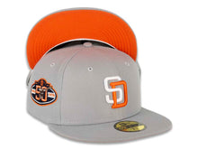 Load image into Gallery viewer, San Diego Padres New Era MLB 59FIFTY 5950 Fitted Cap Hat Gray Crown/Visor White/Orange Logo 50th Anniversary Side Patch Orange UV
