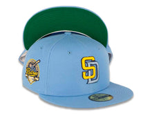 Load image into Gallery viewer, San Diego Padres New Era MLB 59FIFTY 5950 Fitted Cap Hat Radiant Blue Crown/Visor Yellow/Sky Blue Logo 40th  Anniversary Side Patch Green UV
