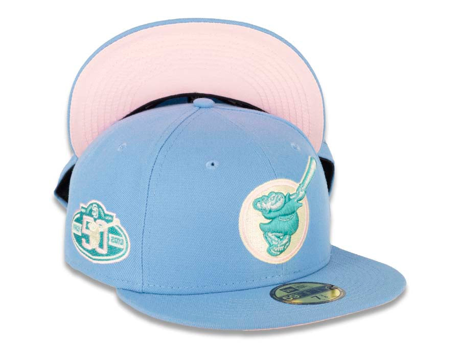 San Diego Padres New Era MLB 59FIFTY 5950 Fitted Cap Hat Sky Blue Crown/Visor Blue Wisteria/White “Friar” Logo 50th Anniversary Side Patch Pink UV