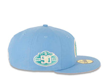 Load image into Gallery viewer, San Diego Padres New Era MLB 59FIFTY 5950 Fitted Cap Hat Sky Blue Crown/Visor Blue Wisteria/White “Friar” Logo 50th Anniversary Side Patch Pink UV
