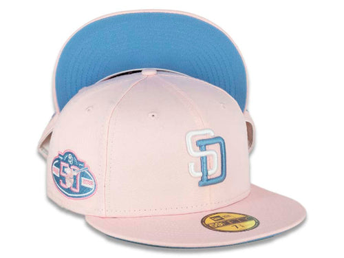 San Diego Padres New Era MLB 59FIFTY 5950 Fitted Cap Hat Pink Crown/Visor White/Neon Blue Logo 50th Anniversary Side Patch Neon Blue UV