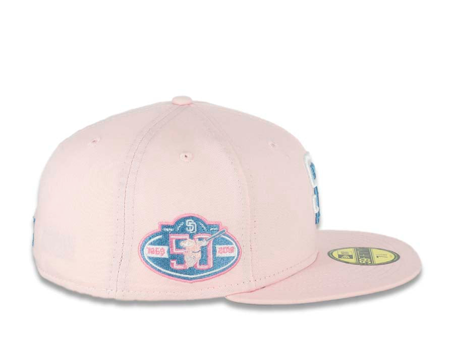 San Diego Padres New Era MLB 59FIFTY 5950 Fitted Cap Hat Stone Crown Brown Visor Pink/Brown Battling Friar Logo 25th Anniversary Side Patch Pink UV 7