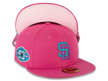 Load image into Gallery viewer, San Diego Padres New Era MLB 59FIFTY 5950 Fitted Cap Hat Beet Root Purple Crown/Visor Teal/Lake Purple Logo 50th Anniversary Side Patch Pink UV
