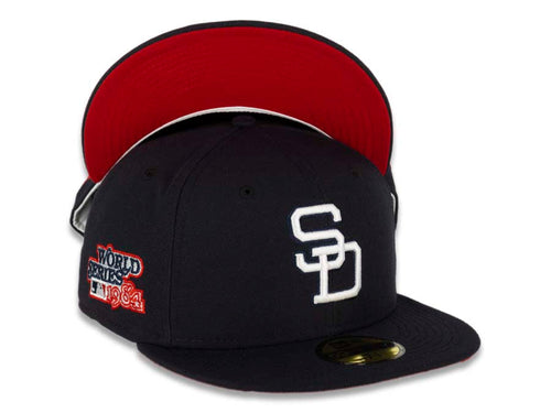 San Diego Padres New Era MLB 59FIFTY 5950 Fitted Cap Hat Dark Navy Crown/Visor White Logo 1984 World Series Side Patch Red UV