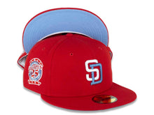 Load image into Gallery viewer, San Diego Padres New Era MLB 59FIFTY 5950 Fitted Cap Hat Red Crown/Visor White/Sky Blue Logo 25th Anniversary Side Patch Sky Blue UV
