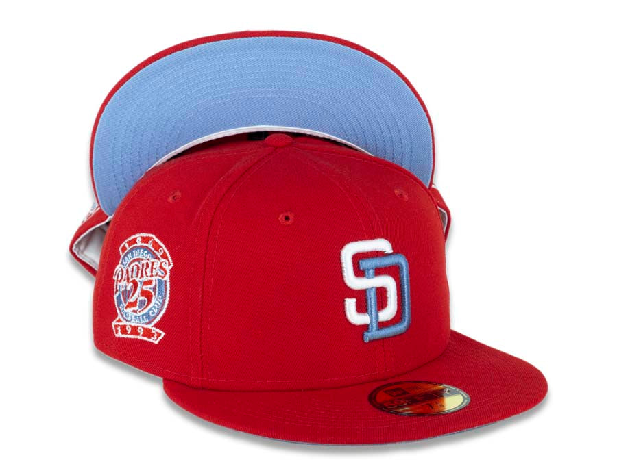 San Diego Padres New Era MLB 59FIFTY 5950 Fitted Cap Hat Red Crown/Visor White/Sky Blue Logo 25th Anniversary Side Patch Sky Blue UV