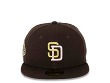 Load image into Gallery viewer, San Diego Padres New Era MLB 59FIFTY 5950 Fitted Cap Hat Dark Brown Crown/Visor Metallic Gold/Pink Logo 50th Anniversary Side Patch Pink UV
