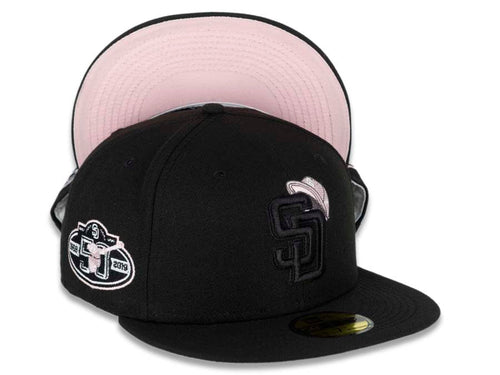 San Diego Padres New Era MLB 59FIFTY 5950 Fitted Cap Hat Black Crown/Visor Black/Pink/White With Hat On Top Logo 50th Anniversary Side Patch Pink UV
