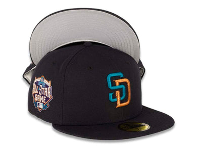 San Diego Padres New Era MLB 59FIFTY 5950 Fitted Cap Hat Dark Navy Crown/Visor Metallic Copper/Teal Logo 2016 All-Star Game Side Patch Gray UV