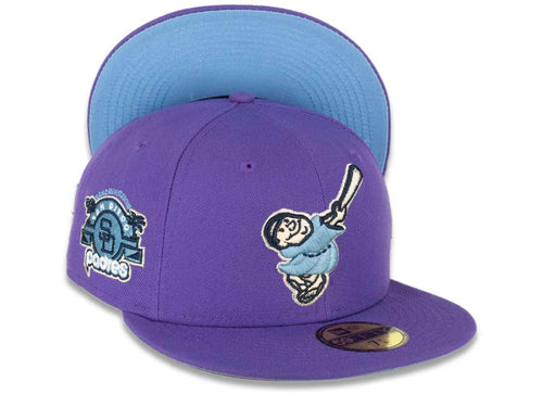 San Diego Padres New Era MLB 59FIFTY 5950 Fitted Cap Hat Varsity Purple Crown/Visor Sky Blue/Navy “Friar” Logo Stadium Side Patch Sky Blue UV
