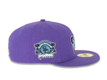 Load image into Gallery viewer, San Diego Padres New Era MLB 59FIFTY 5950 Fitted Cap Hat Varsity Purple Crown/Visor Sky Blue/Navy “Friar” Logo Stadium Side Patch Sky Blue UV
