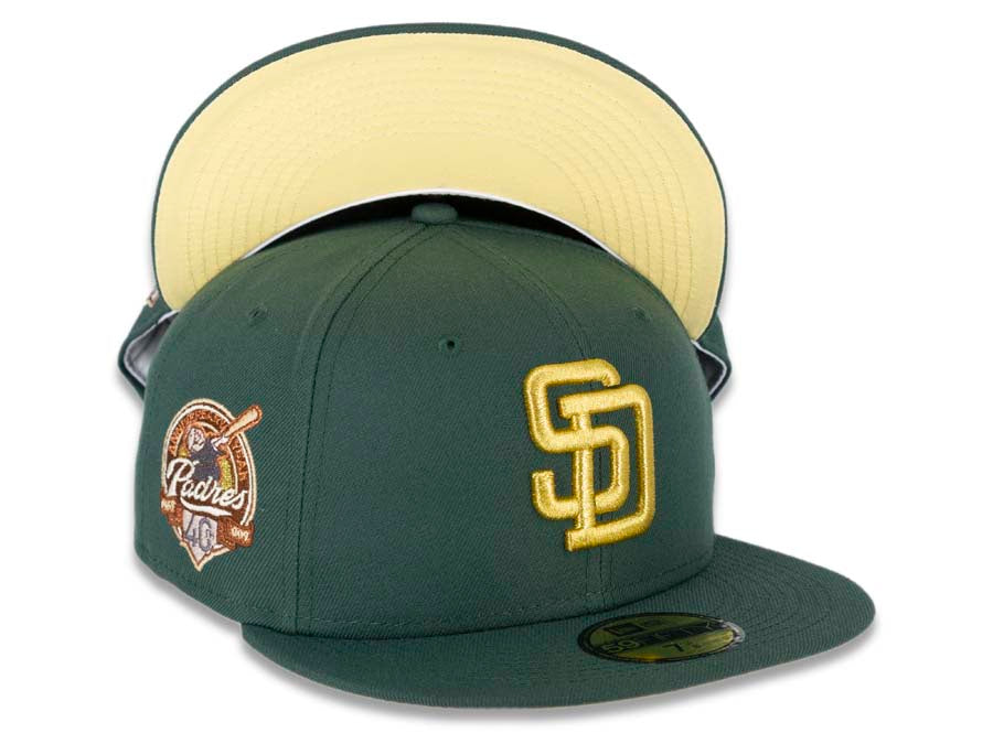 San Diego Padres New Era MLB 59FIFTY 5950 Fitted Cap Hat Mountain Pine Green Crown/Visor Metallic Gold Logo 40th Anniversary Side Patch Yellow UV