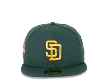 Load image into Gallery viewer, San Diego Padres New Era MLB 59FIFTY 5950 Fitted Cap Hat Mountain Pine Green Crown/Visor Metallic Gold Logo 40th Anniversary Side Patch Yellow UV
