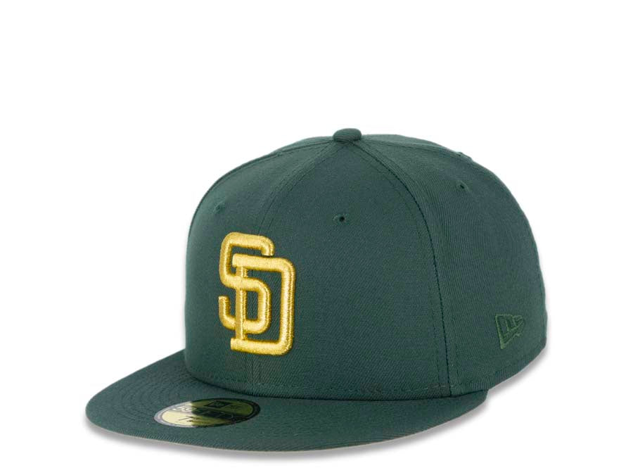 San Diego Padres New Era MLB 59FIFTY 5950 Fitted Cap Hat Mountain Pine  Green Crown/Visor Metallic Gold Logo 40th Anniversary Side Patch Yellow UV