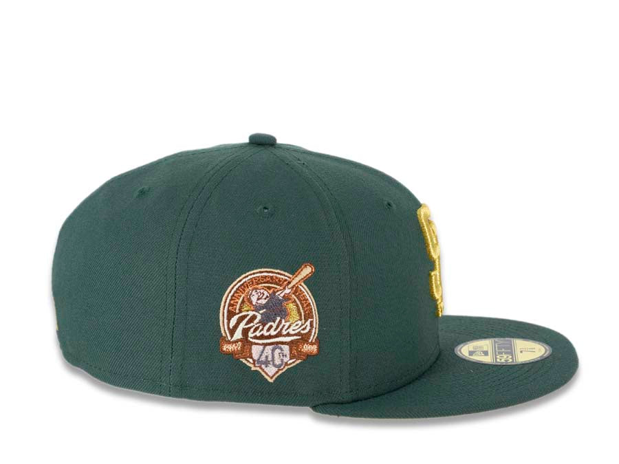 San Diego Padres New Era MLB 59FIFTY 5950 Fitted Cap Hat Mountain Pine  Green Crown/Visor Metallic Gold Logo 40th Anniversary Side Patch Yellow UV