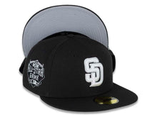 Load image into Gallery viewer, San Diego Padres New Era MLB 59FIFTY 5950 Fitted Cap Hat Black Crown/Visor White Logo 2016 All-Star Game Side Patch Gray UV
