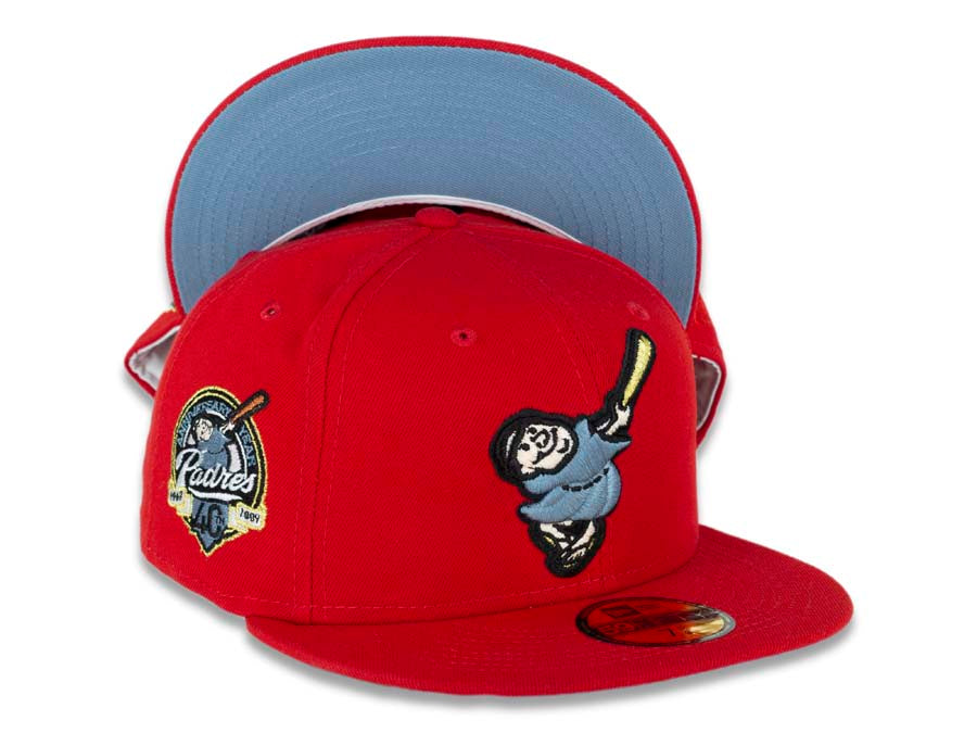 San Diego Padres New Era MLB 59FIFTY 5950 Fitted Cap Hat Red Crown/Visor Sky Blue/Metallic Gold “Swinging Friar” Logo 40th Anniversary Side Patch Sky Blue UV