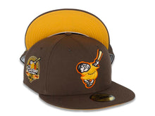 Load image into Gallery viewer, San Diego Padres New Era MLB 59FIFTY 5950 Fitted Cap Hat Brown Crown/Visor Yellow/Orange “Swinging Friar” Logo 40th Anniversary Side Patch Yellow UV
