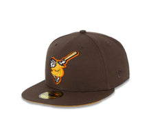 Load image into Gallery viewer, San Diego Padres New Era MLB 59FIFTY 5950 Fitted Cap Hat Brown Crown/Visor Yellow/Orange “Swinging Friar” Logo 40th Anniversary Side Patch Yellow UV
