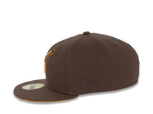 Load image into Gallery viewer, San Diego Padres New Era MLB 59FIFTY 5950 Fitted Cap Hat Brown Crown/Visor Yellow/Orange “Swinging Friar” Logo 40th Anniversary Side Patch Yellow UV
