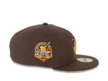 Load image into Gallery viewer, San Diego Padres New Era MLB 59FIFTY 5950 Fitted Cap Hat Brown Crown/Visor Yellow/Orange “Swinging Friar” Logo 40th Anniversary Side Patch Yellow UV
