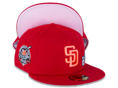 San Diego Padres New Era MLB 59FIFTY 5950 Fitted Cap Hat Red Crown/Visor Pink Glow Logo With Dice 40th Anniversary Side Patch Pink UV