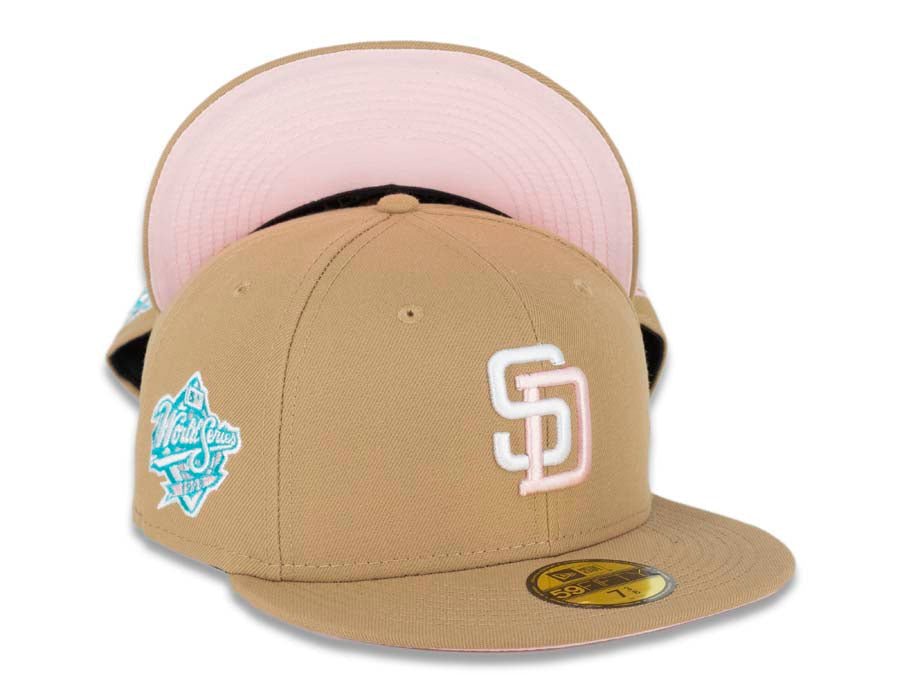 San Diego Padres New Era MLB 59FIFTY 5950 Fitted Cap Hat Khaki Crown/Visor White/Pink Logo 1998 World Series Side Patch Pink UV