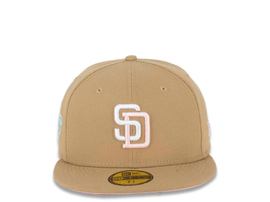 San Diego Padres New Era MLB 59FIFTY 5950 Fitted Cap Hat Light Bronze Canvas Crown/Visor White/Red Logo 50th Anniversary Side Patch Brown UV 7 1/4