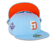 Load image into Gallery viewer, San Diego Padres New Era MLB 59FIFTY 5950 Fitted Cap Hat Doscientos Blue Crown/Visor White/Orange Logo 1998 World Series Side Patch Orange UV
