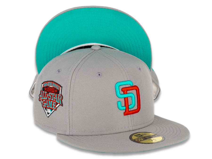 San Diego Padres New Era MLB 59FIFTY 5950 Fitted Cap Hat Misty Morning Crown/Visor Red/Teal Logo 1992 All-Star Game Side Patch Teal UV