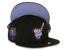 Load image into Gallery viewer, San Diego Padres New Era MLB 59FIFTY 5950 Fitted Cap Hat Black Crown/Visor Purple/Metallic Gold Logo 40th Anniversary Side Patch Purple UV
