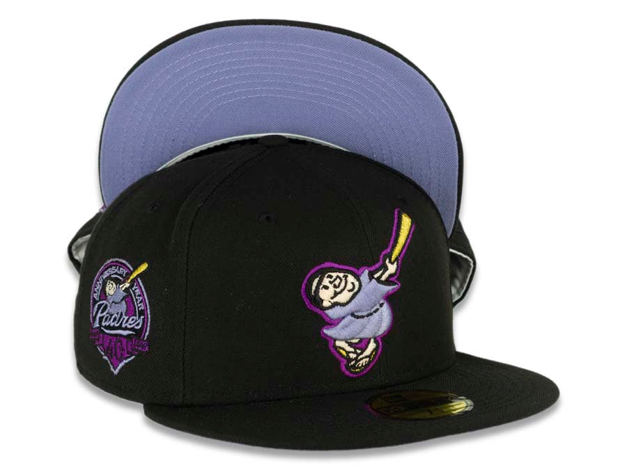 San Diego Padres New Era MLB 59FIFTY 5950 Fitted Cap Hat Black Crown/Visor Purple/Metallic Gold Logo 40th Anniversary Side Patch Purple UV