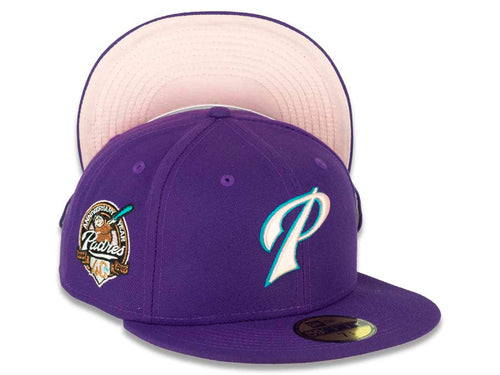 San Diego Padres New Era MLB 59FIFTY 5950 Fitted Cap Hat Deep Purple Crown/Visor Pink/Teal “P” Logo 40th Anniversary Side Patch Pink UV