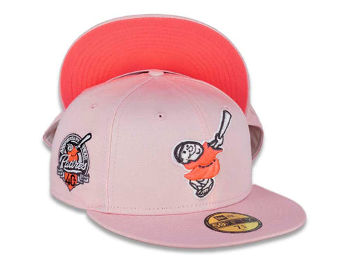 San Diego Padres New Era MLB 59FIFTY 5950 Fitted Cap Hat Pink Crown/Visor Pink Glow/White “Friar” Logo 40th Anniversary Side Patch Pink Glow UV